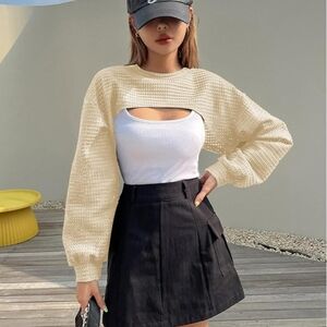 Knitted Crop Top Long Sleeve Hollow Out Shrug Sweater Y2K Knit Cover Up